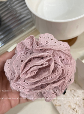 玫瑰花布艺甜美韩系高级感白色棉麻刺绣花边新款度假氛围感鲨鱼夹