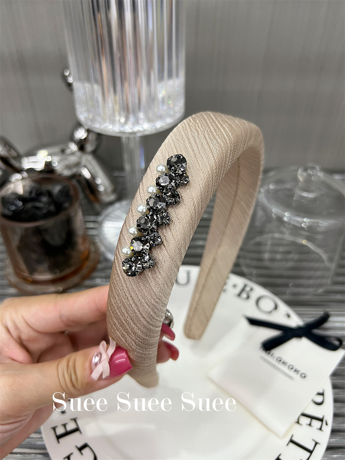 韩国东大门秋冬香槟缎面水钻珍珠点缀简约气质淑女高级感宽版发箍