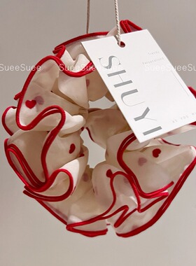 韩国东大门新款刺绣爱心红色花边双层大肠发圈气质扎头发丸子头绳