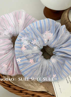 韩国进口清新蓝色竖条纹大肠圈发圈博主同款花朵灵动流沙马尾肠圈