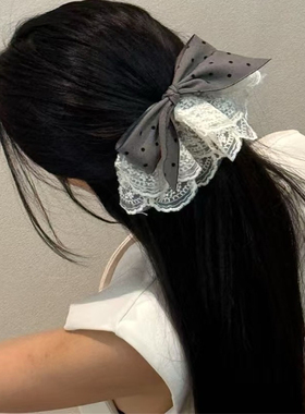 韩国东大门新款高级感波点灰色西装蕾丝花边蝴蝶结超仙弹簧夹发夹