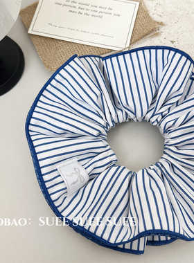 韩国东大门蓝色条纹大肠发圈女网红2024新款扎头发低马尾头绳发饰