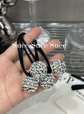 韩国东大门进口奢华水钻白色ab时髦双球水晶钻球丸子头绳皮筋发圈