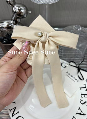 韩国东大门杏色温柔气质韩气小姐姐缎面丝带细长飘蝴蝶结珍珠肠圈