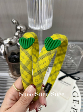 韩国东大门绿色爱心可爱黄色格子发箍洗脸发卡时髦撞色头箍
