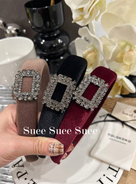 韩国东大门秋冬复古黑色丝绒方形水钻扣宽版厚海绵高颅顶发箍发卡