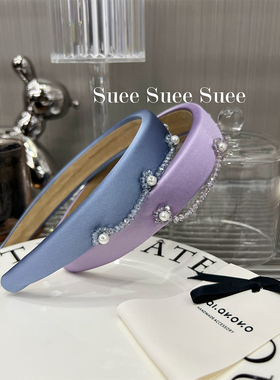 韩国东大门超仙女风手工串珠花朵链条水晶设计感法式轻奢紫色发箍