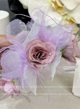 韩国东大门粉紫色度假出片氛围感仿真玫瑰花羽毛灵动大号鲨鱼抓夹