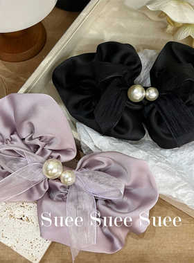 韩国头饰小众设计泡泡褶皱紫色蝴蝶结甜美珍珠弹簧夹气质薄纱发夹