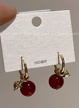 韩国东大门新款复古红色玛瑙耳环女高级感轻奢小众耳钉法式耳饰