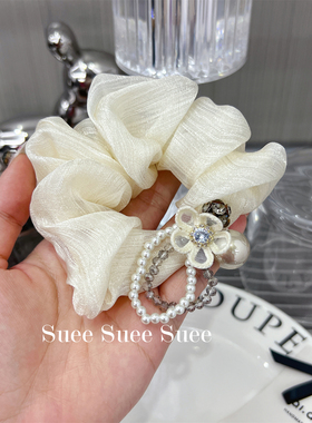 韩国东大门白色薄纱仙气手工串珠水晶钻球花朵纯欲气质简约大肠圈