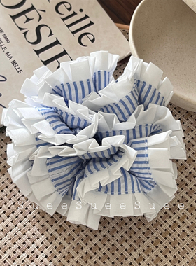 韩国东大门芭蕾风奶油缎面蓝色条纹大肠发圈女扎马尾大号花边肠圈