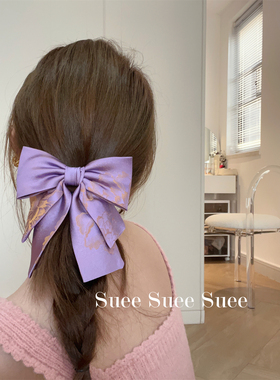 韩国东大门国风新中式紫色图腾花纹刺绣新国潮复古缎面蝴蝶结发夹