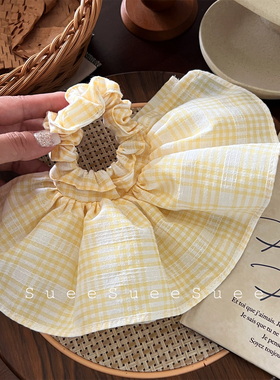 一眼万年超好看黄色格子氛围感超大裙摆韩系软妹风夏日大肠发圈女