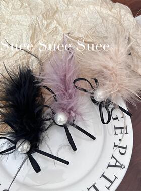 韩国东大门秋冬氛围感紫色仙女梦幻鸵鸟羽毛蝴蝶结珍珠盘发扭扭夹