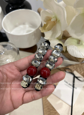 韩国东大门红色豆豆球宝石水钻满钻气质一字夹鸭嘴夹刘海边夹发夹