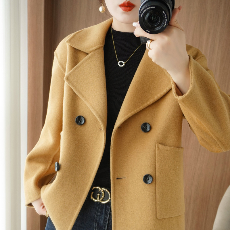 双面呢大衣女式翻领纯羊毛开衫感短款小个子毛呢外套秋冬新款