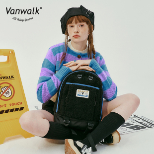 可爱精灵少女学生书包美式 VANWALK 复古风羊羔绒双肩包