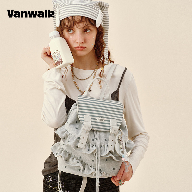 VANWALK/出走小众波点条纹双肩包