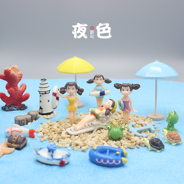沙滩椅子游泳女孩太阳伞微缩模型海洋场景摆件 微景观苔藓diy材料