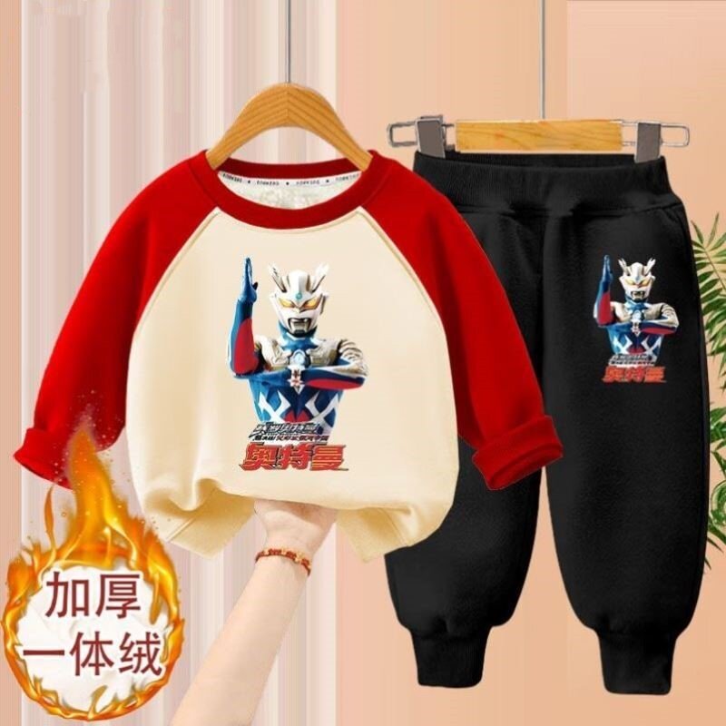 秋冬女童赛罗奥特曼加厚一体绒卫衣套装女孩长袖保暖插肩服两件套