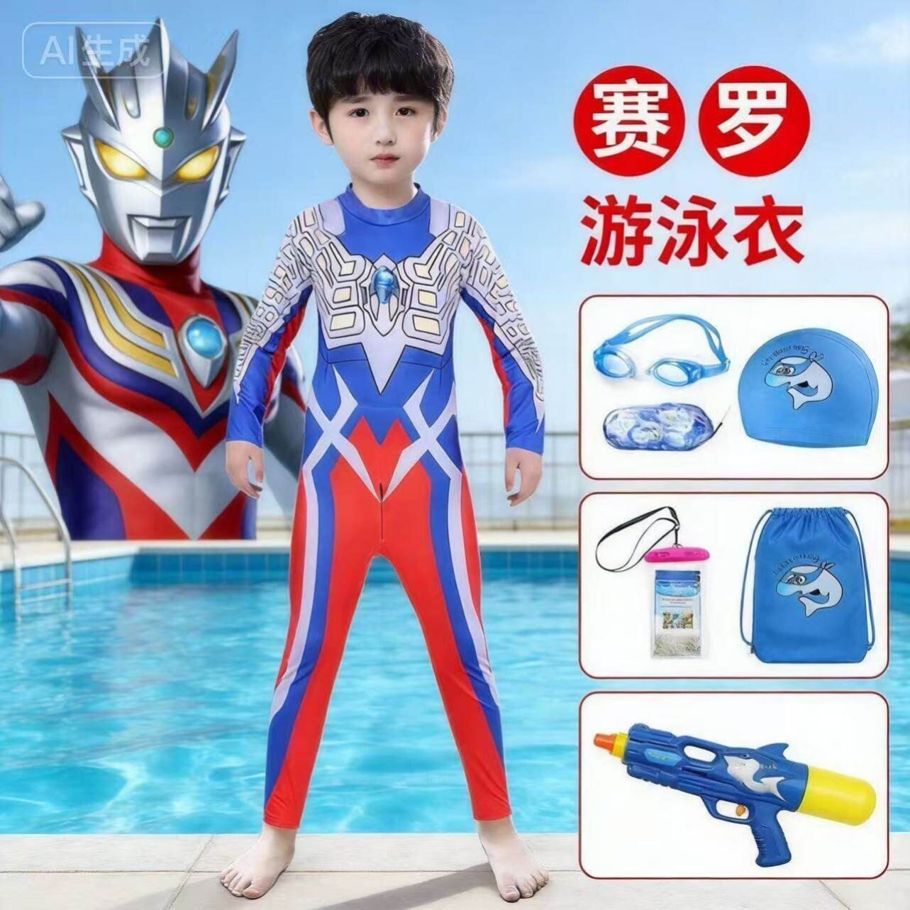 2026夏季新款男女童迪迦赛罗奥特曼连体泳衣男童格力乔速干泳衣