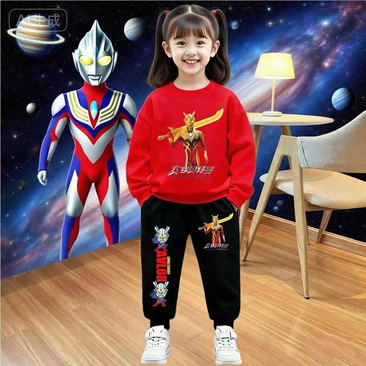 男女童德绒奥特曼加绒两件套纯棉秋冬季加厚韩版卡通衣服女孩卫衣