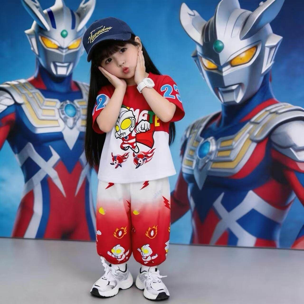 女童风火轮亮灯奥特曼短袖防蚊裤套装卡通男童时髦帅气衣服2件套