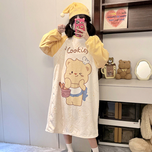 黄油小熊法兰绒睡裙女童秋冬季薄款珊瑚绒家居服可爱长款薄绒睡衣