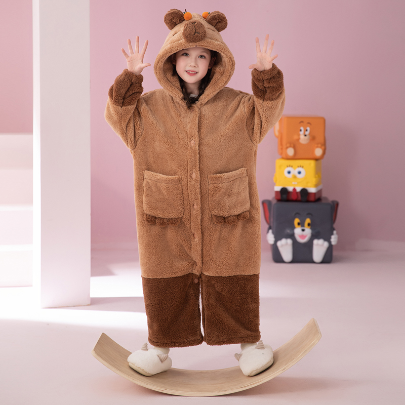 卡皮巴拉女童珊瑚绒睡衣秋冬季加厚长款睡裙中大童女孩法兰绒睡袍