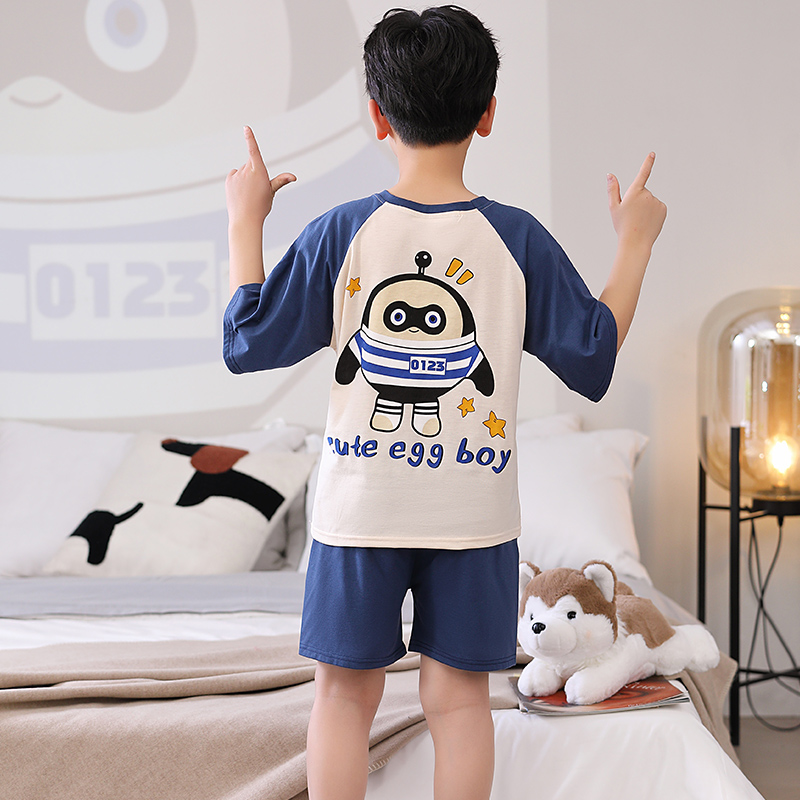 蛋仔派对儿童睡衣男童夏季薄款纯棉中大童男宝短袖可爱家居服套装
