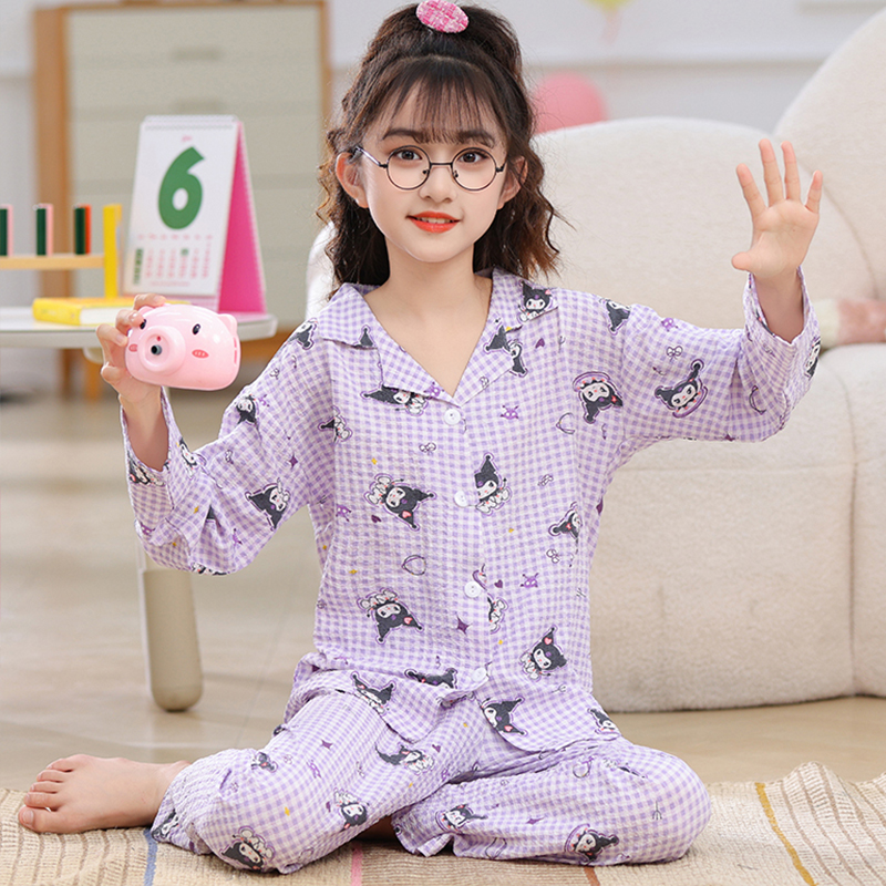 库洛米女童睡衣春秋款开衫中大童女孩可爱卡通薄款长袖家居服套装