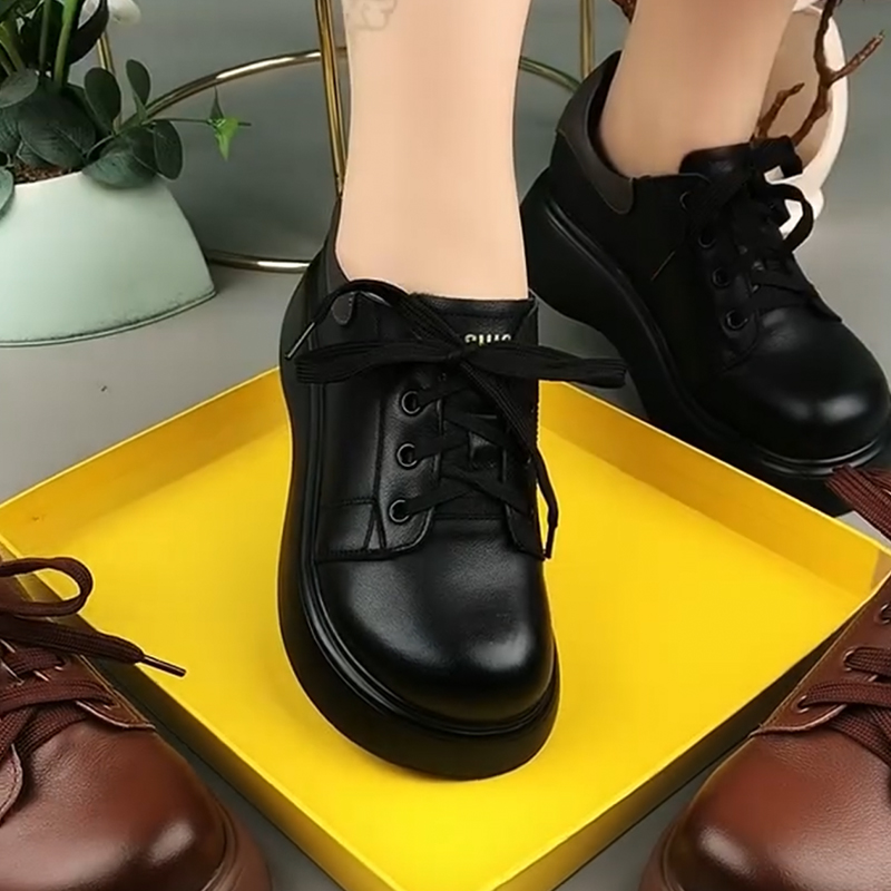 韩版休闲厚底圆头真皮系带女鞋