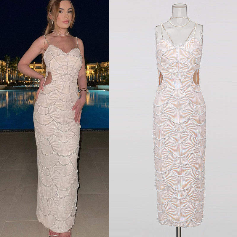 法式优雅风舞会吊带抹胸礼服长裙2025珍珠拼接名媛连衣裙吊带裙