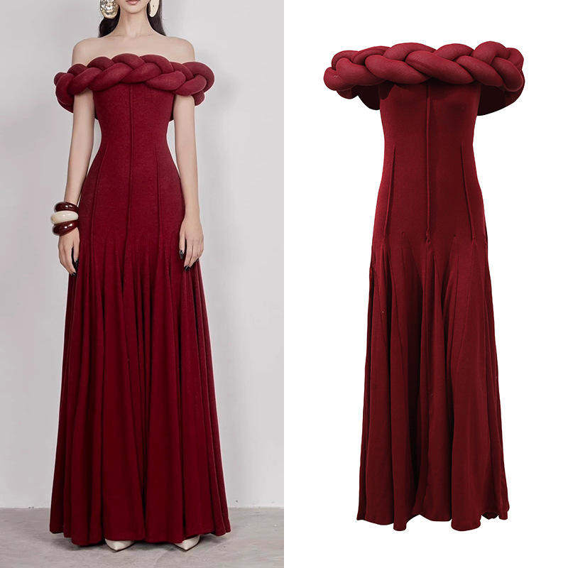 新款 御姐风礼服裙2025性感一字肩编织麻花设计连衣裙一字领