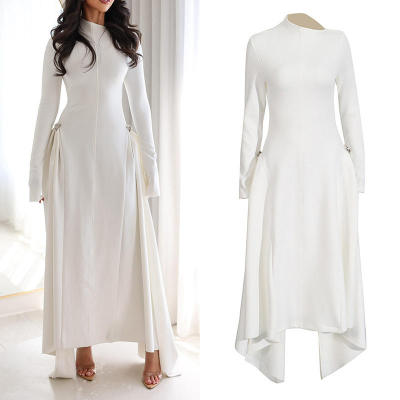 新款东南亚气质优雅风斜领长袖不规则裙2025纯色阔臀款连衣裙女冬