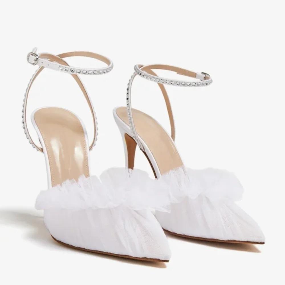 欧美高跟凉鞋尖头白色网纱荷叶边细跟女婚宴鞋bridal shoes