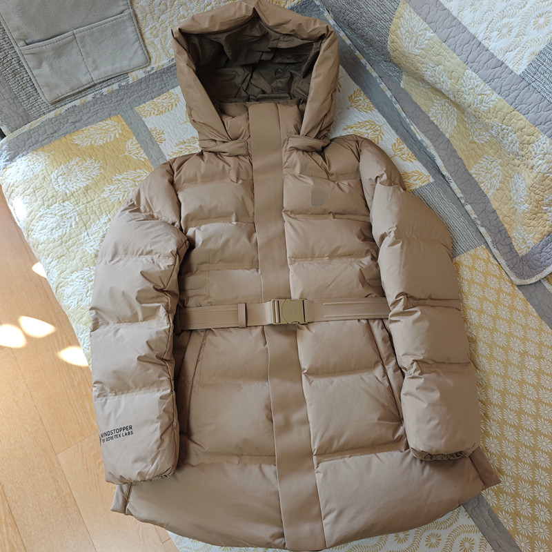 文佳英同款韩版鹅绒中长款羽绒服女连帽腰带收腰修身保暖外套