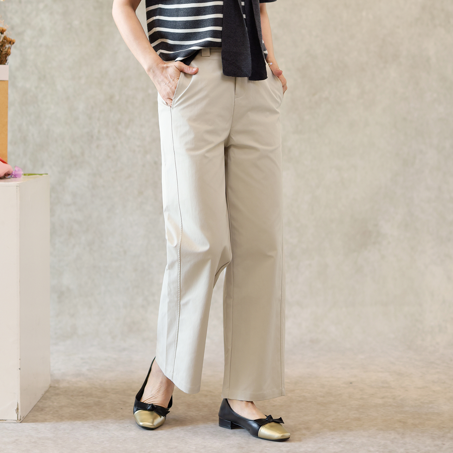秋季新款高腰显瘦休闲裤宽松后松紧腰直筒裤百搭一粒扣长裤