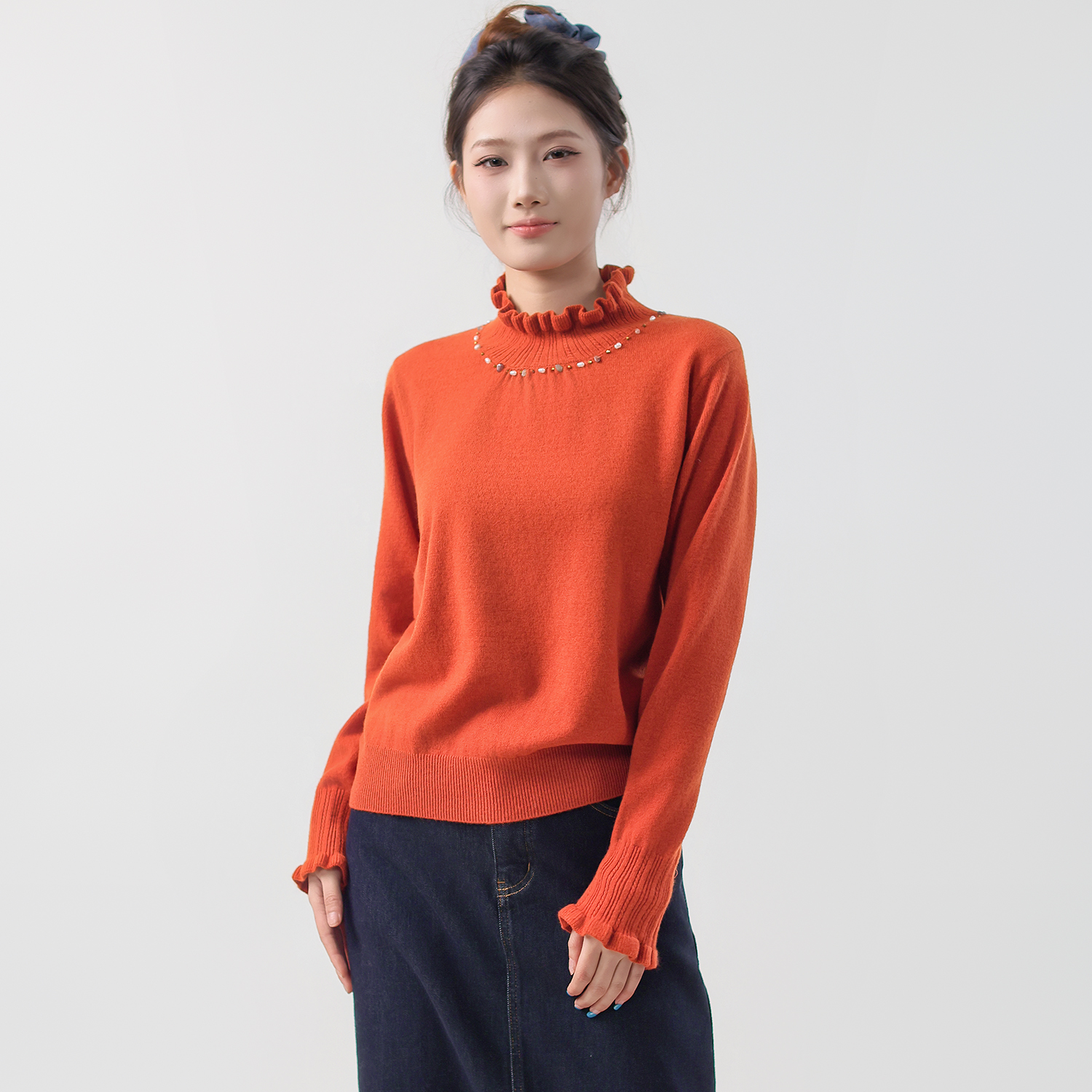 全羊毛木耳边珍珠显瘦针织衫女