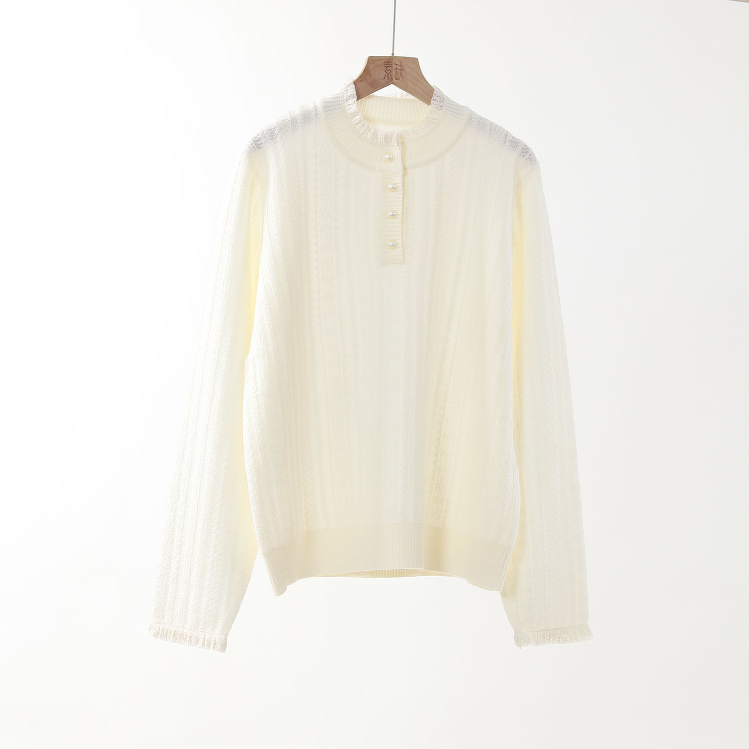 法式珍珠扣蕾丝半高领女针织衫