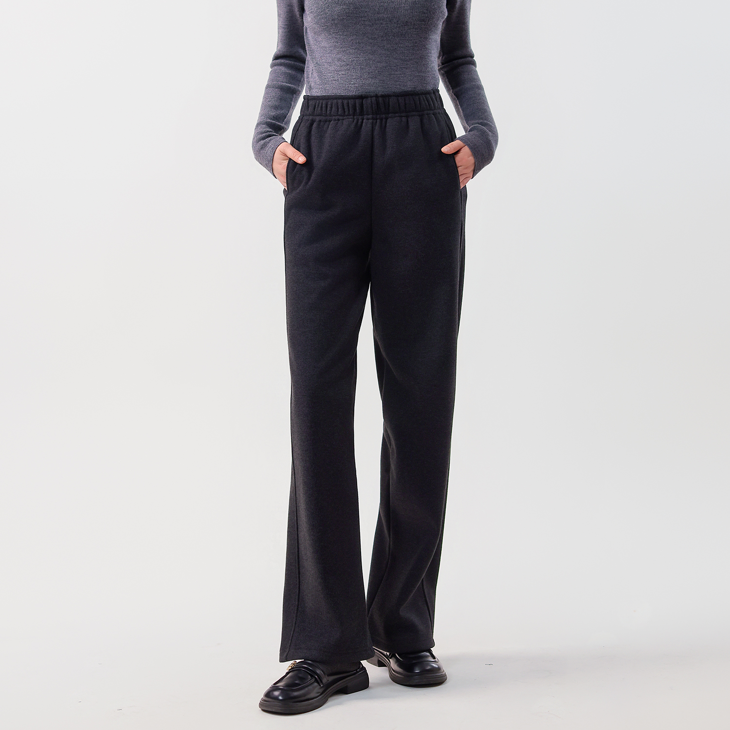 高腰松紧加绒山羊绒混纺阔腿裤