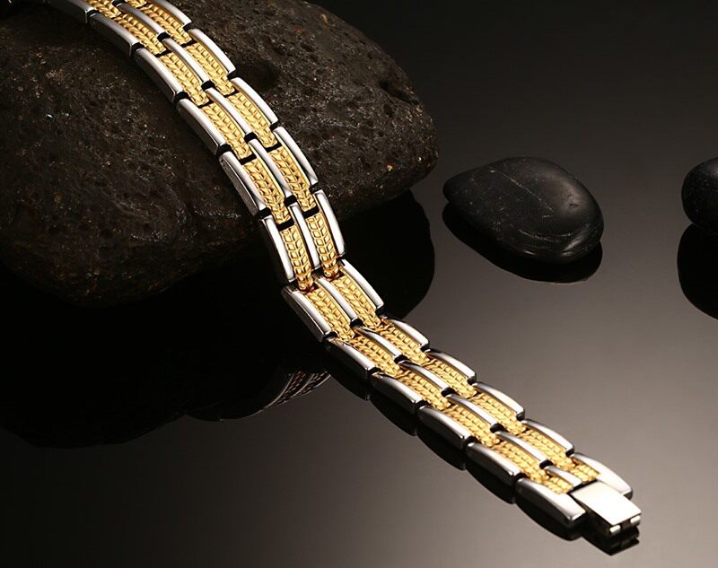 现货直销钛钢间金双排磁石手链 男士手链欧美首饰 tbrm-028