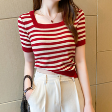 红色条纹方领短袖t恤女夏季新款撞色冰丝针织衫修身显瘦短款上衣