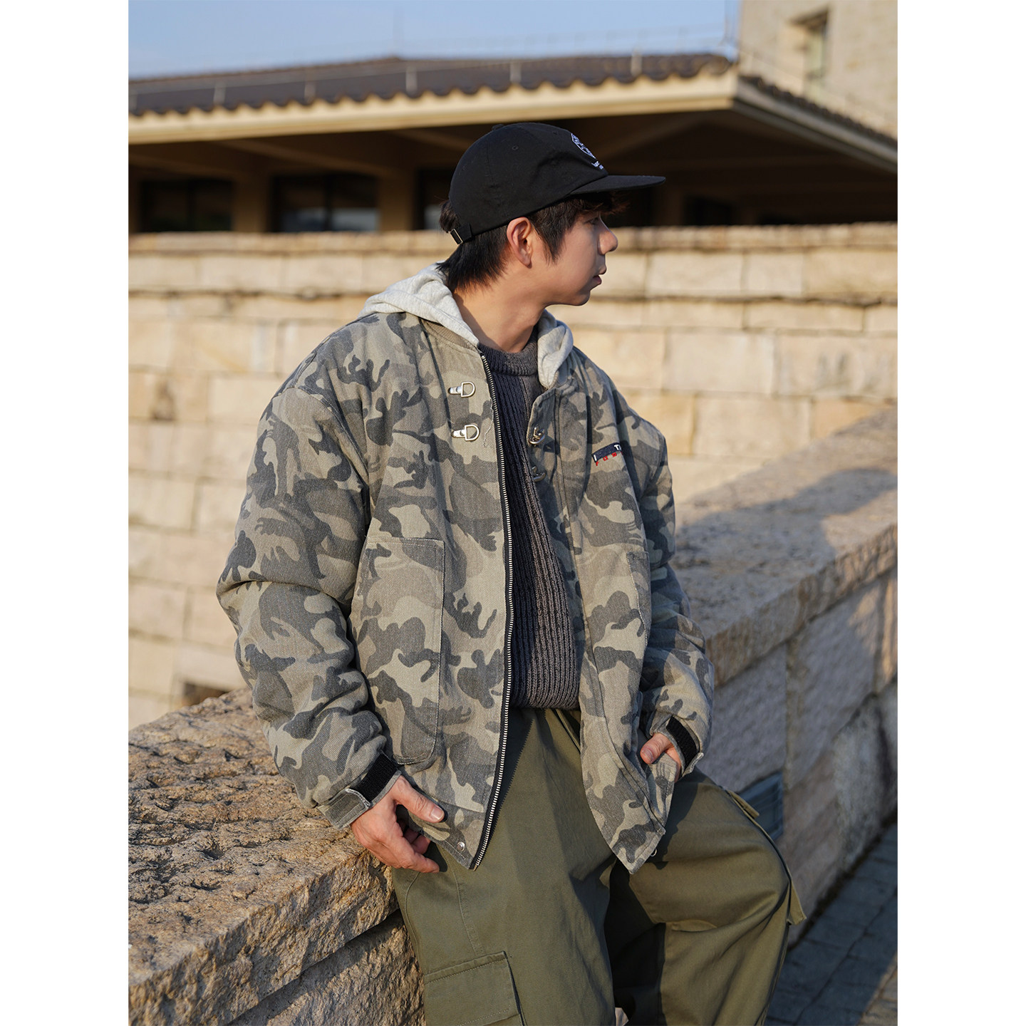 DGZZ美式复古迷彩可拆卸连帽飞行员夹克棉服冬季宽松加厚棉衣外套