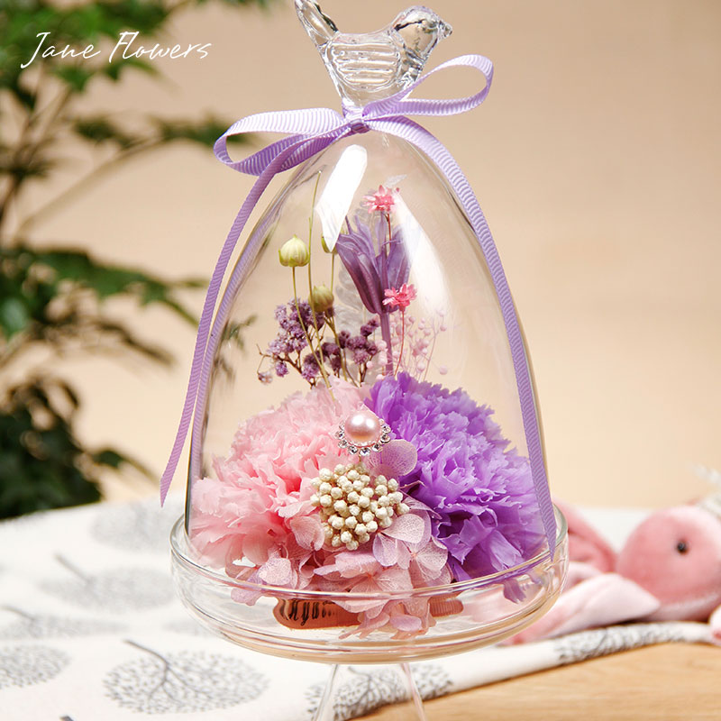 jane进口永生花礼盒玻璃罩干花保鲜康乃馨生日新年情人节生日礼物