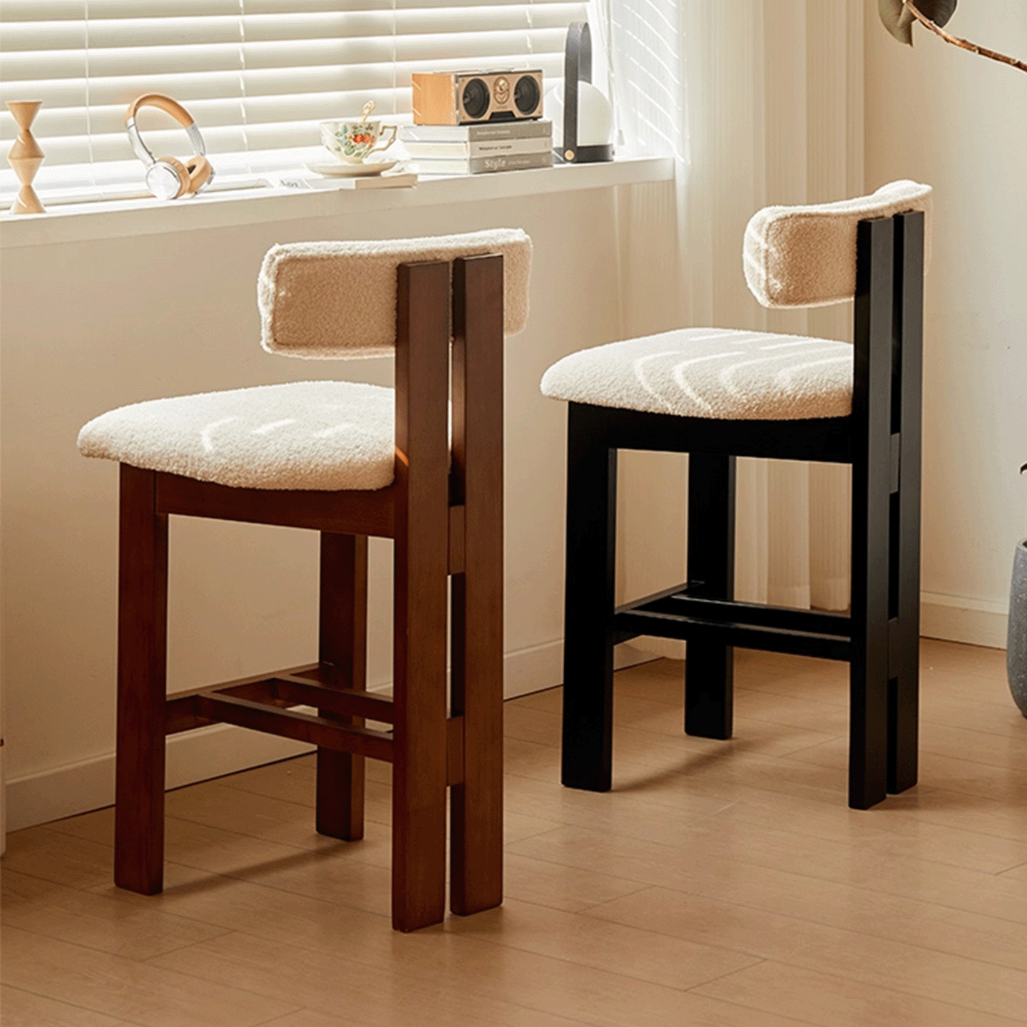 法式吧台椅丨羊羔绒实木高脚椅子