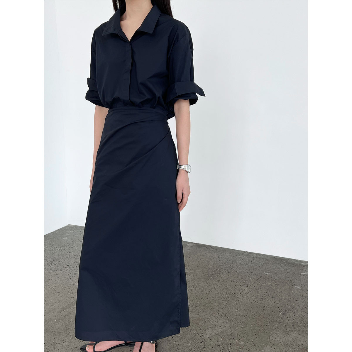 LUXI 韩版设计感系带V领收腰连衣裙女夏季新款显瘦衬衫长裙子9731