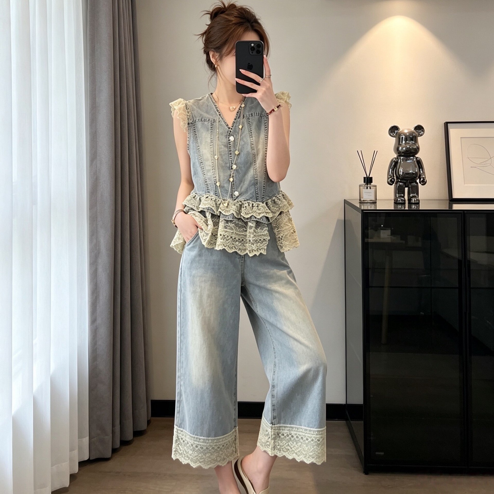 蕾丝花边牛仔套装两件套女2026夏季韩版新款V领马甲+阔腿裤两件套