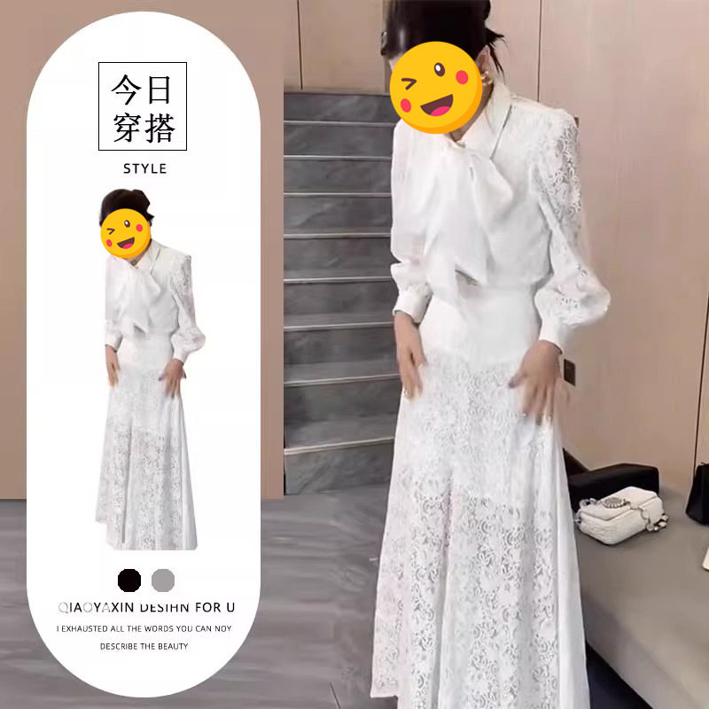 2025夏季新款小个子蕾丝套装女法式系带蝴蝶结衬衫+阔腿裤裙套装